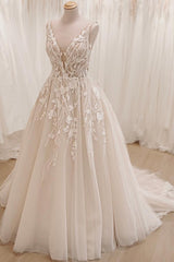 Long V-Neck Backless Tulle Appliques Lace A-Line Wedding Dresses with Ruffles