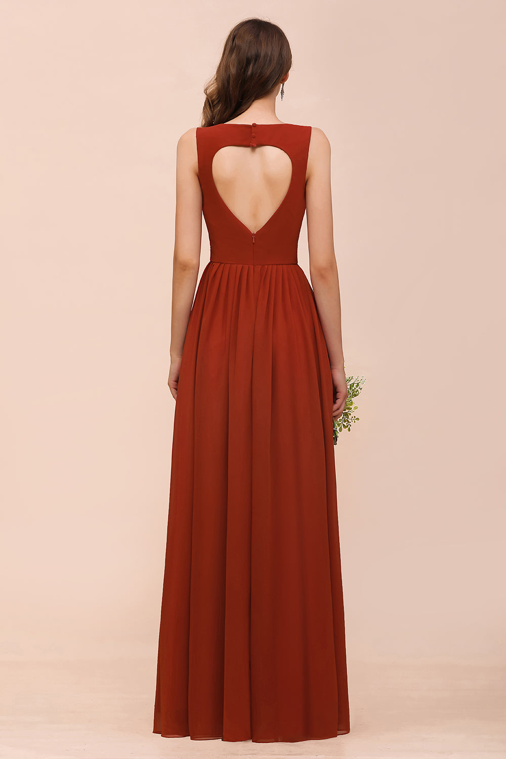 New Long A-line Sweetheart Straps Ruffle Rust Chiffon Bridesmaid Dress