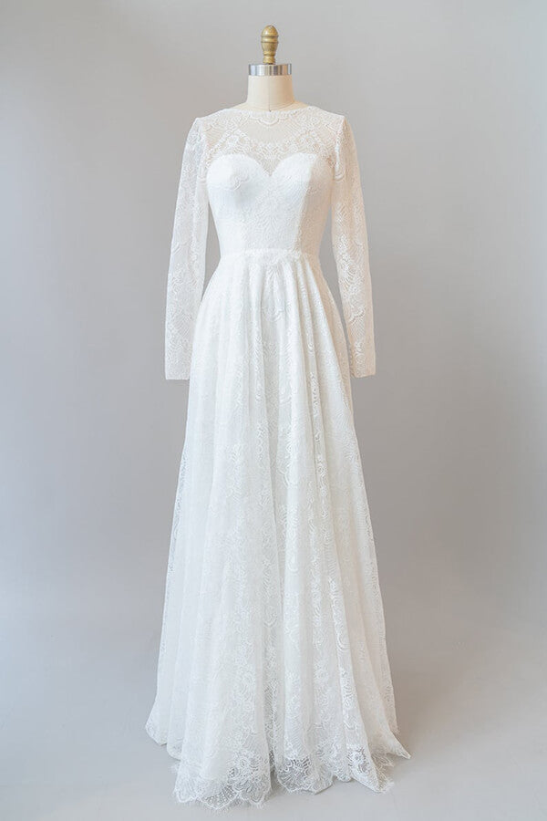 Long Tulle Illusion Long Sleeves Lace Backless A-line Wedding Dress