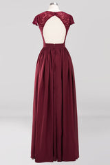 A-line Chiffon Lace V-Neck Sleeveless Floor Length Bridesmaid Dresses with Ruffles