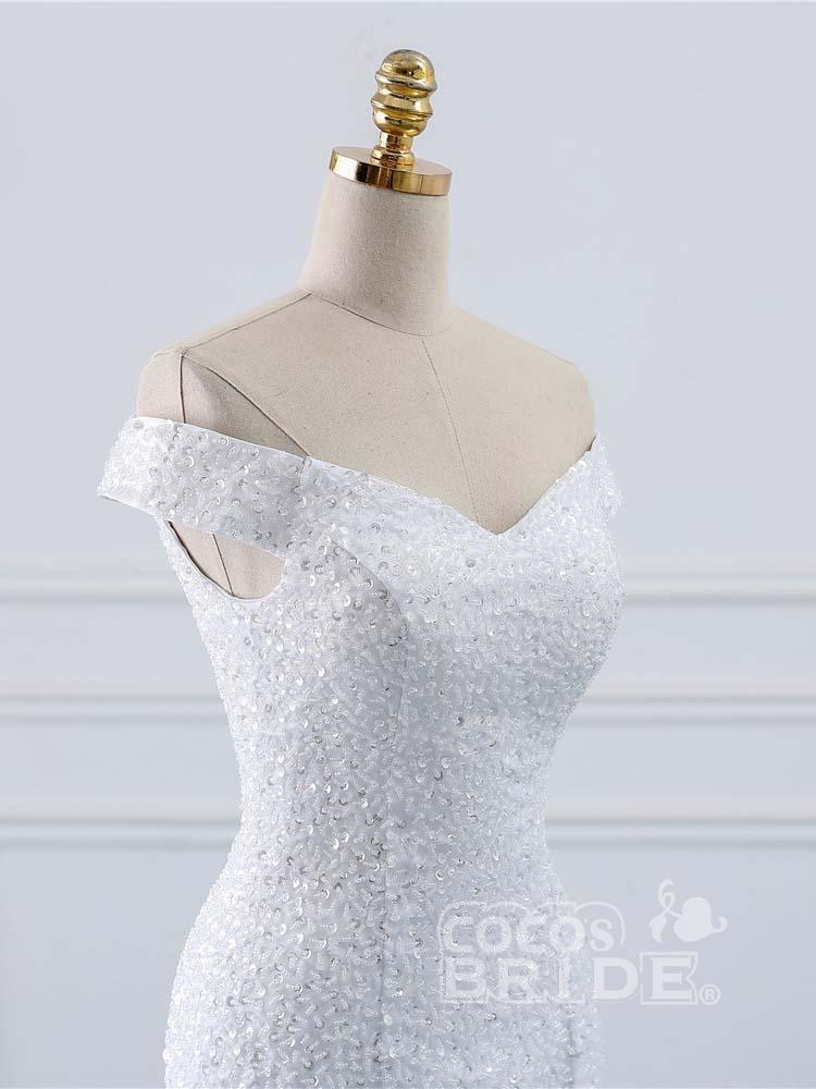 Long Off the Shoulder Mermaid Beads Tulle Wedding Dress