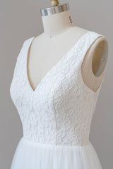 White Long A-line Straps V-neck Chiffon Open Back Wedding Dresses