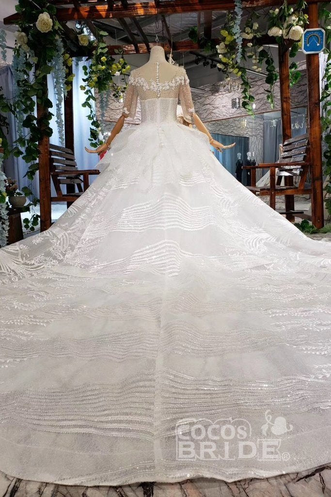 Ball Gown Half Sleeves Lace with Sequins Long Wedding Dress