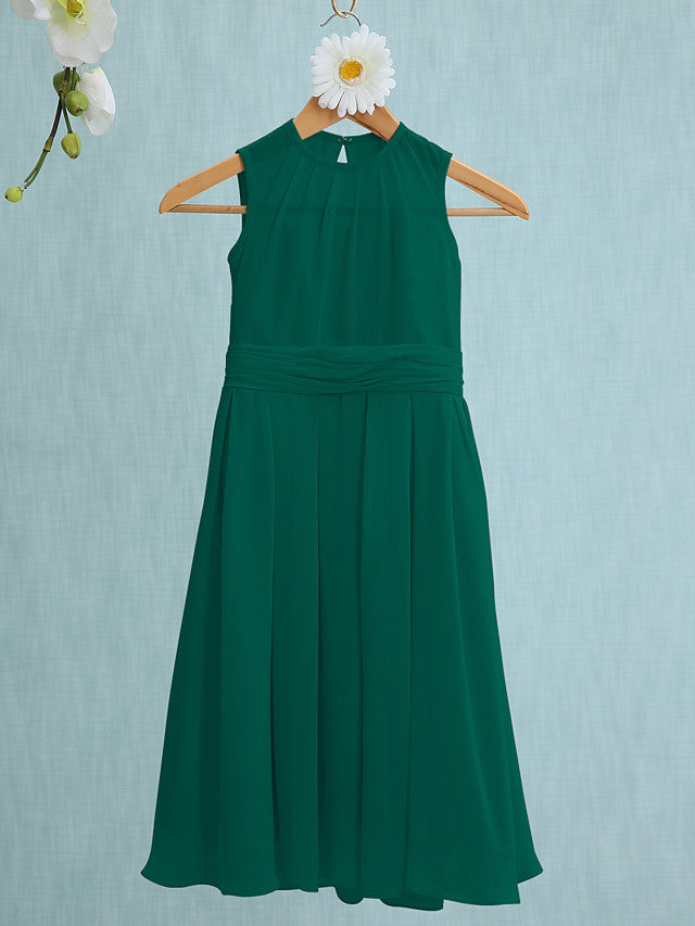 Sky Blue Long A-line Jewel Neck Knee Length Chiffon Junior Bridesmaid Dress