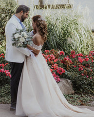 Long A-line Off the Shoulder Tulle Boho Wedding Dress with Lace