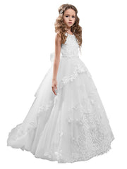 Princess Pageant Lace Tulle Sleeveless Jewel Neck Flower Girl Dresses
