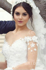 Ball Gown Sweetheart Long Sleeves Tulle Wedding Dresses with Flowers