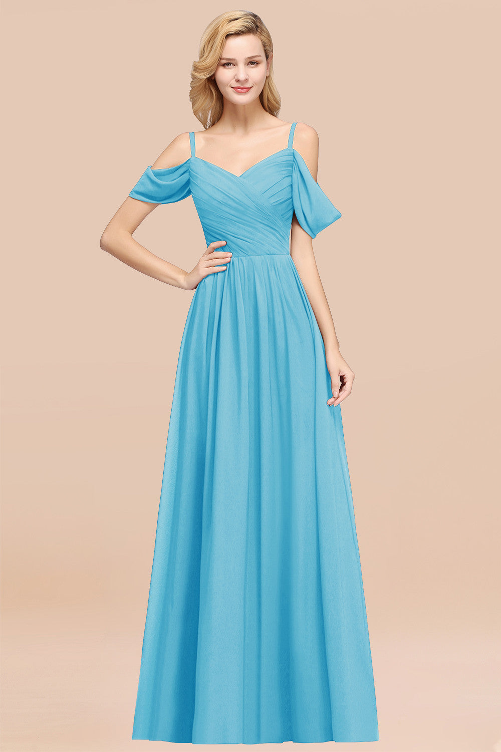 A-Line Chiffon V-Neck Spaghetti Straps Short Sleeves Floor Length Bridesmaid Dresses with Ruffles