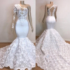 Long One Shoulder Lace Appliques Meramid Prom Dresses with Sleeves