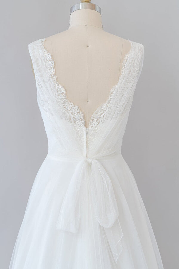 Long Ruffle V-neck Lace Tulle A-line Wedding Dress