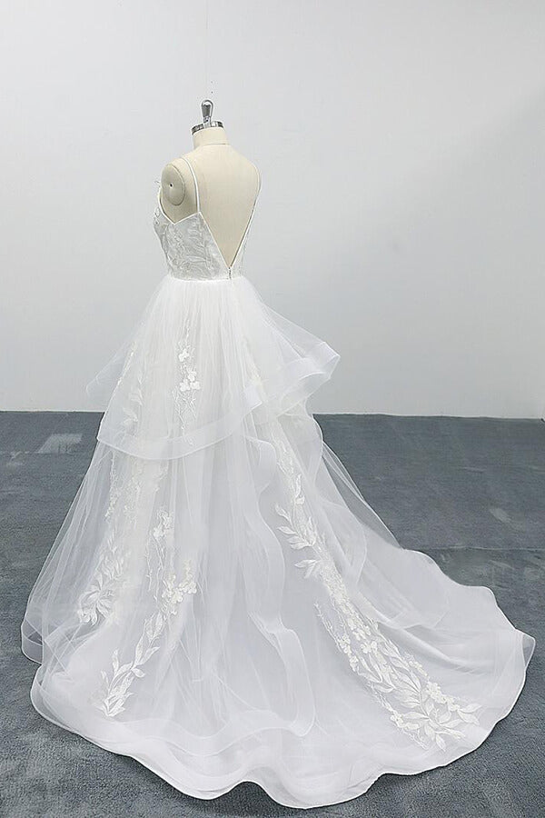 Long A-line Sweetheart Appliques Spaghetti Strap Tulle Backless Wedding Dress