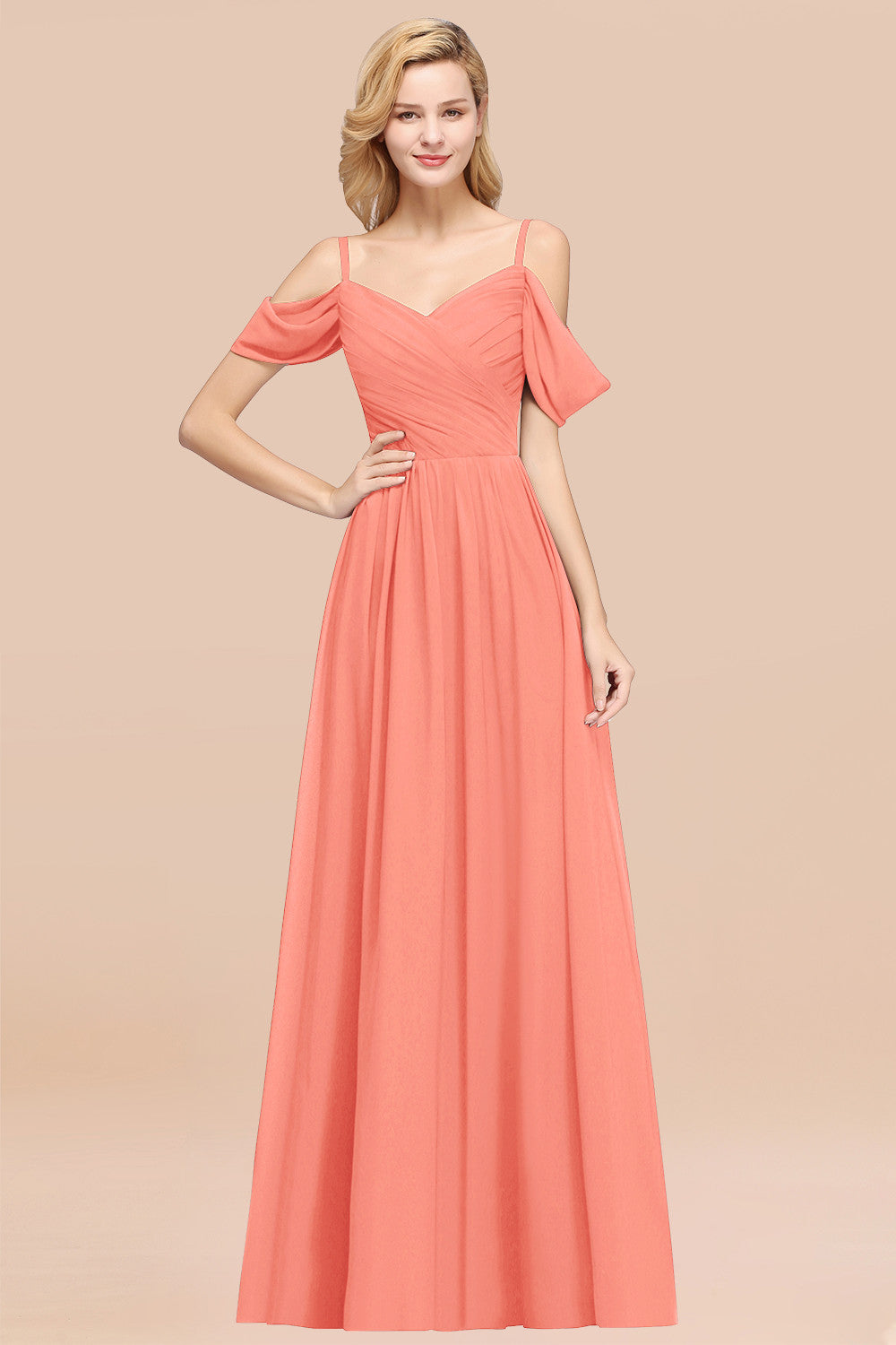 A-Line Chiffon V-Neck Spaghetti Straps Short Sleeves Floor Length Bridesmaid Dresses with Ruffles