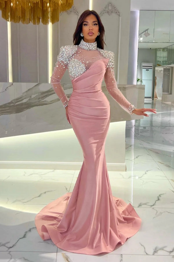 High Neck Long Sleeves Tulle Beaded Satin Mermaid Prom Dress
