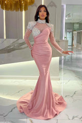 High Neck Long Sleeves Tulle Beaded Satin Mermaid Prom Dress