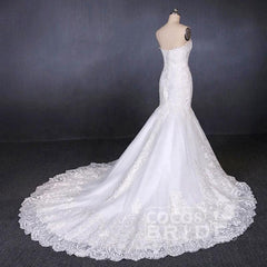 Sweetheart Long Strapless Mermaid Lace Wedding Dress