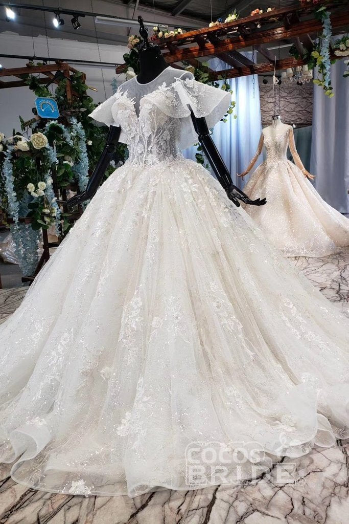 Gorgeous Ball Gown Long Tulle Lace Wedding Dress with Sleeves