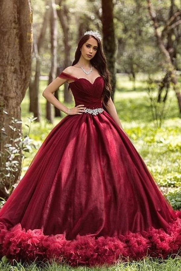 Burgundy Long Ball Gown Off the Shoulder Tulle Wedding Dresses