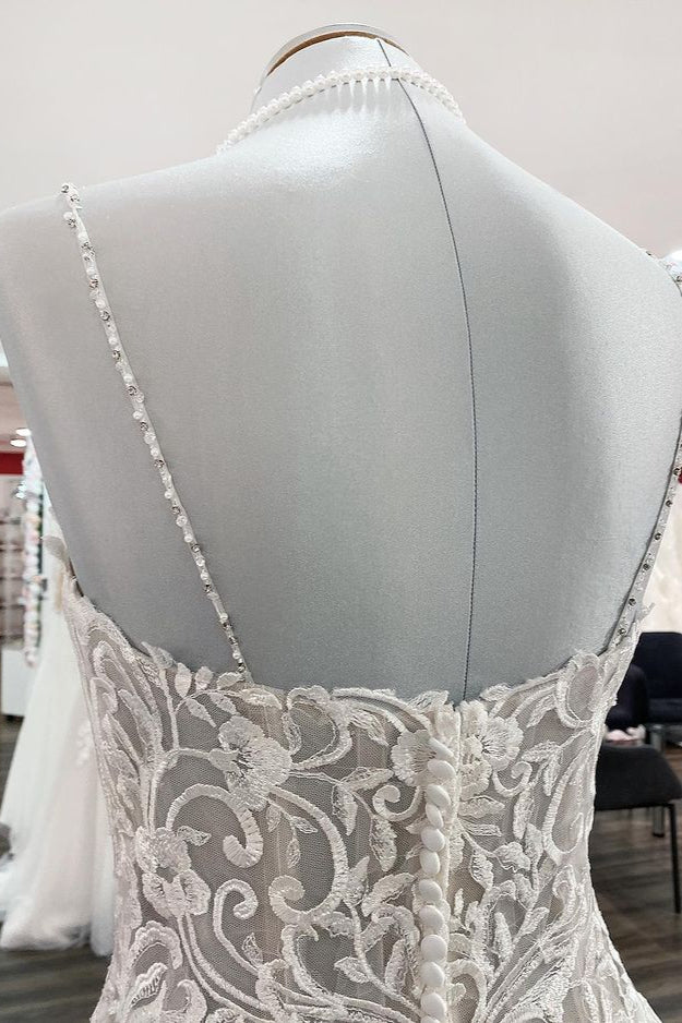 Long A-line V-neck Spaghetti Straps Tulle Wedding Dress with Lace Ruffles