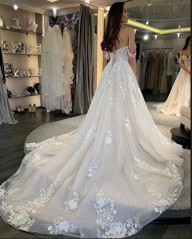 Simple Long A-line Tulle Off the Shoulder Lace Appliques Wedding Dress