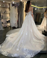 Simple Long A-line Tulle Off the Shoulder Lace Appliques Wedding Dress