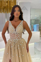 Long A-line Spaghetti Straps V-Neck Tulle Prom Dress with Slit