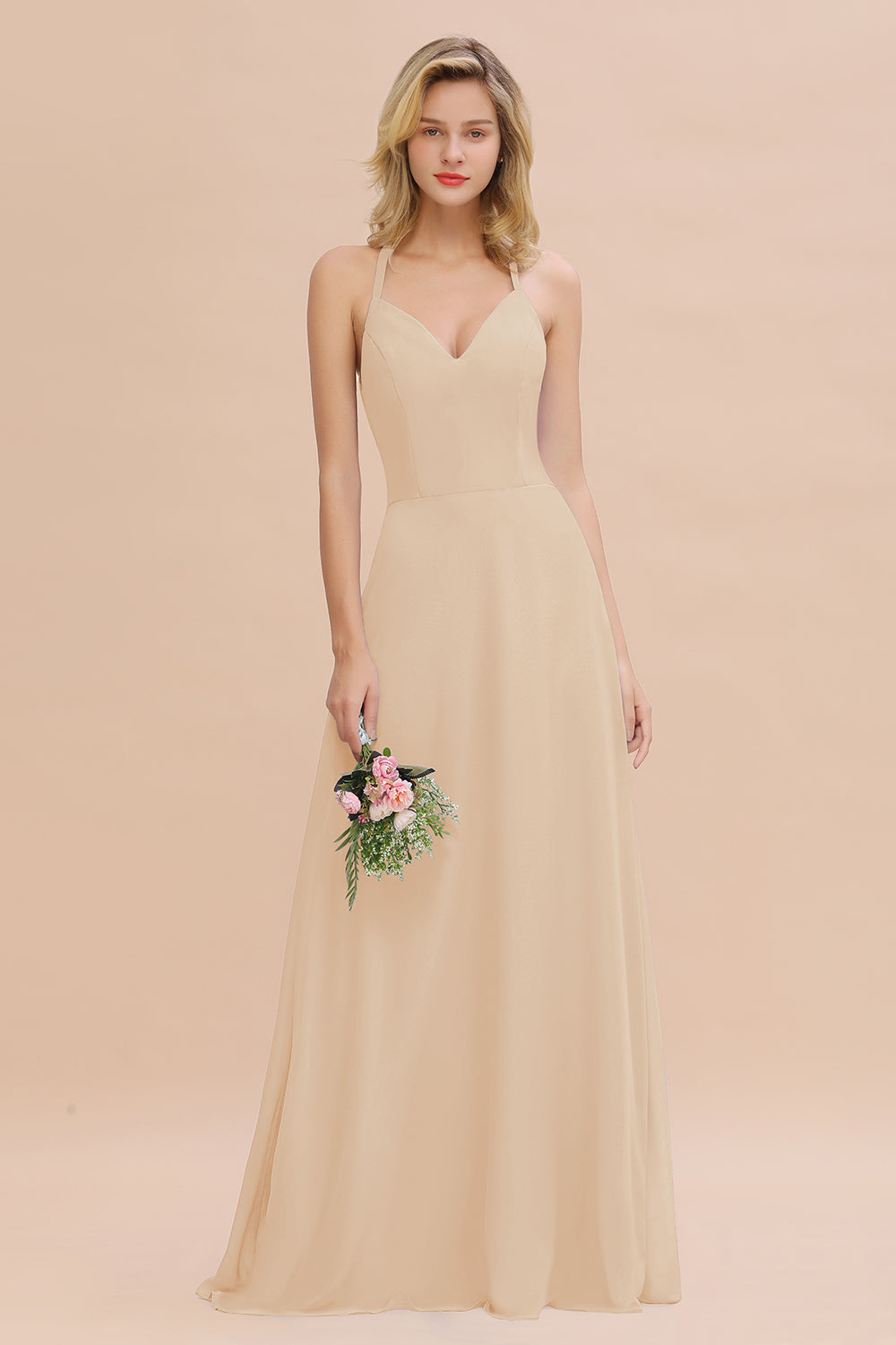 Stylish Chiffon Spaghetti Straps Sleeveless Long Bridesmaid Dress