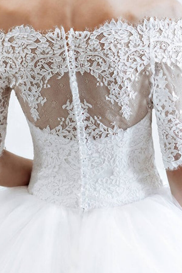 Long Off the Shoulder Lace Tulle Ball Gown Wedding Dress with Sleeves