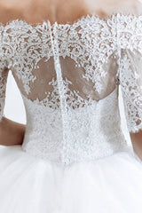 Long Off the Shoulder Lace Tulle Ball Gown Wedding Dress with Sleeves