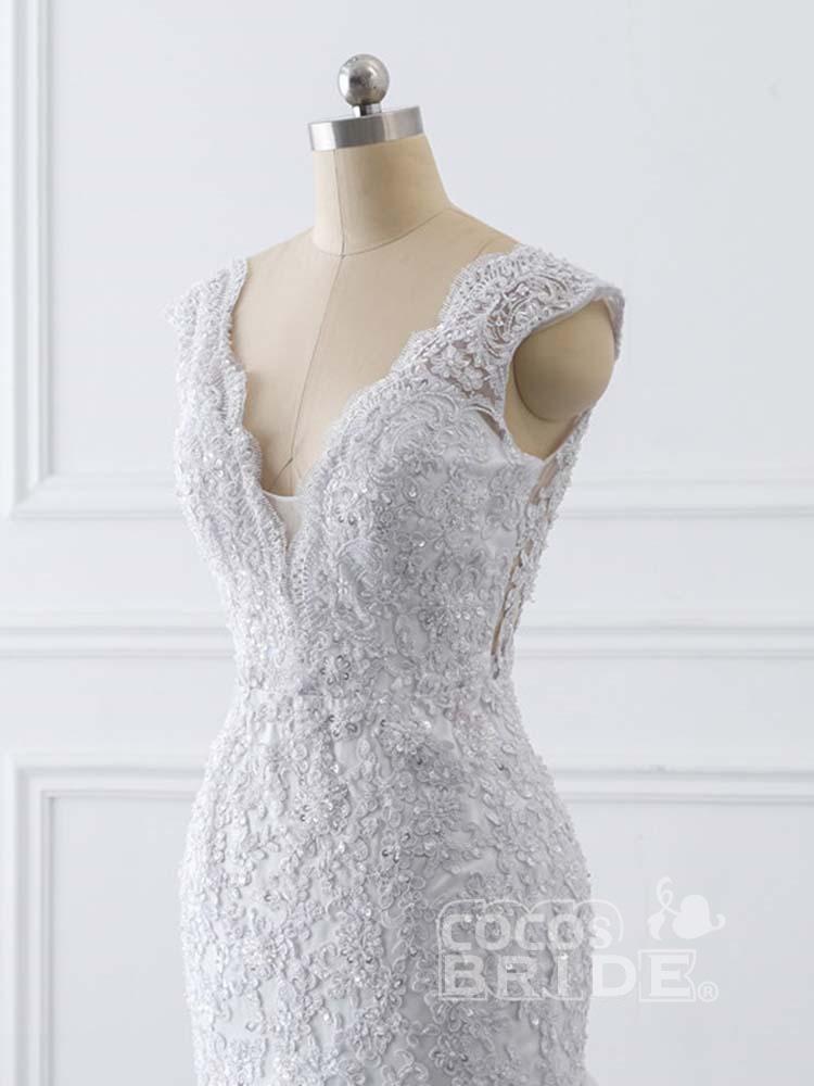 Long V-Neck Mermaid Tulle Lace Wedding Dresses