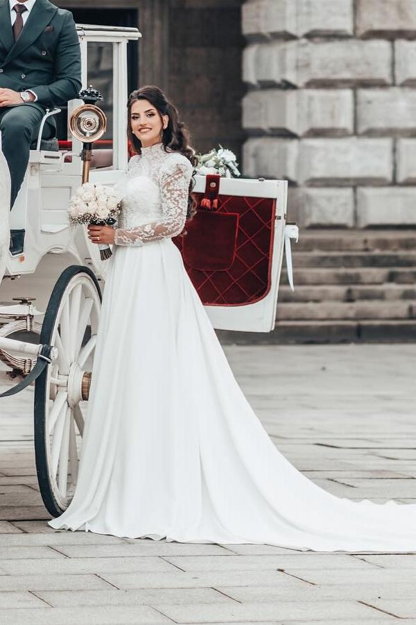 White Long A-line High Neck Chiffon Lace Wedding Dresses with Sleeves