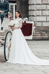 White Long A-line High Neck Chiffon Lace Wedding Dresses with Sleeves