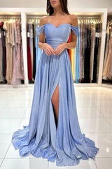 Long A-line Off The Shoulder Glitter Prom Dress with Slit