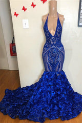 Long Halter V-neck Sequins Mermaid Prom Dresses