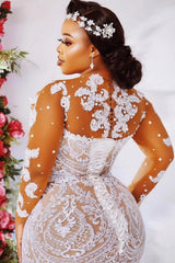 Plus Size Lace Up Mermaid Lace Long Sleeve Floor Length Wedding Dress