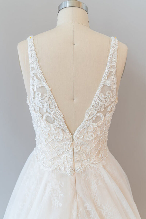 Long A-line V-neck Backless Appliques Tulle Chapel Train Wedding Dress