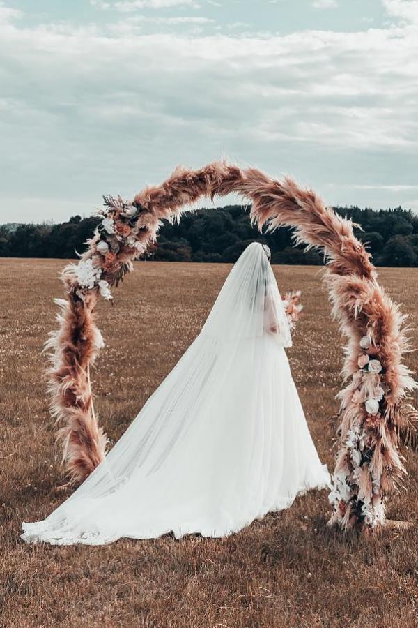 Modest Boho Long A-line One Shoulder Tulle Wedding Dress with Sleeves