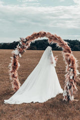 Modest Boho Long A-line One Shoulder Tulle Wedding Dress with Sleeves