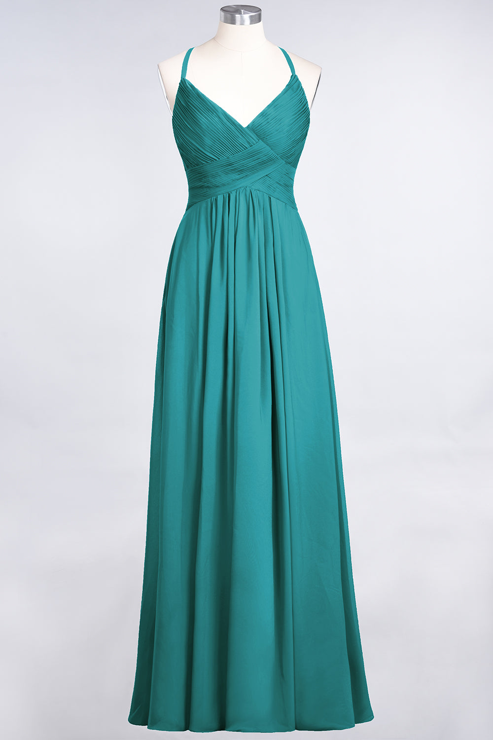 A-Line Chiffon Spaghetti Straps V-Neck Sleeveless Floor Length Bridesmaid Dress with Ruffles