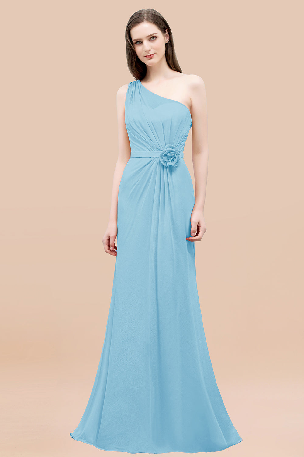 Mermaid Chiffon One Shoulder Sleeveless Ruffled Floor Length Bridesmaid Dresses with Flower