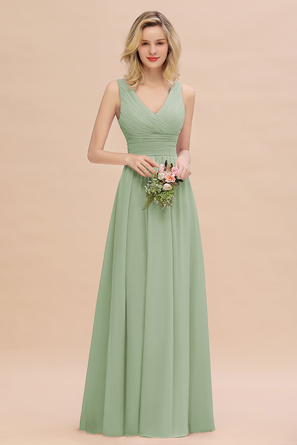 Elegant A-line V-Neck Ruffles Long Bridesmaid Dress
