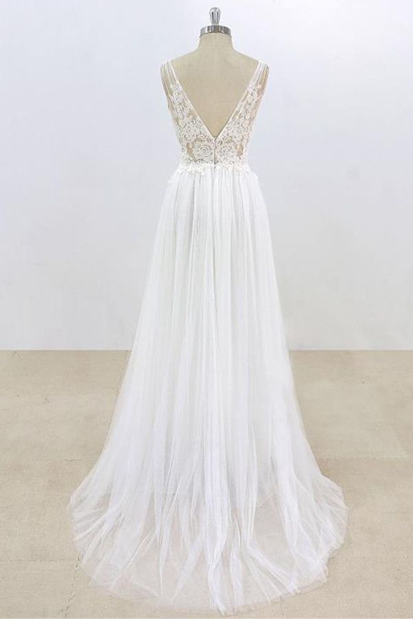 Long Deep V-neck Lace A-line Tulle Wedding Dress