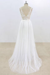 Long Deep V-neck Lace A-line Tulle Wedding Dress