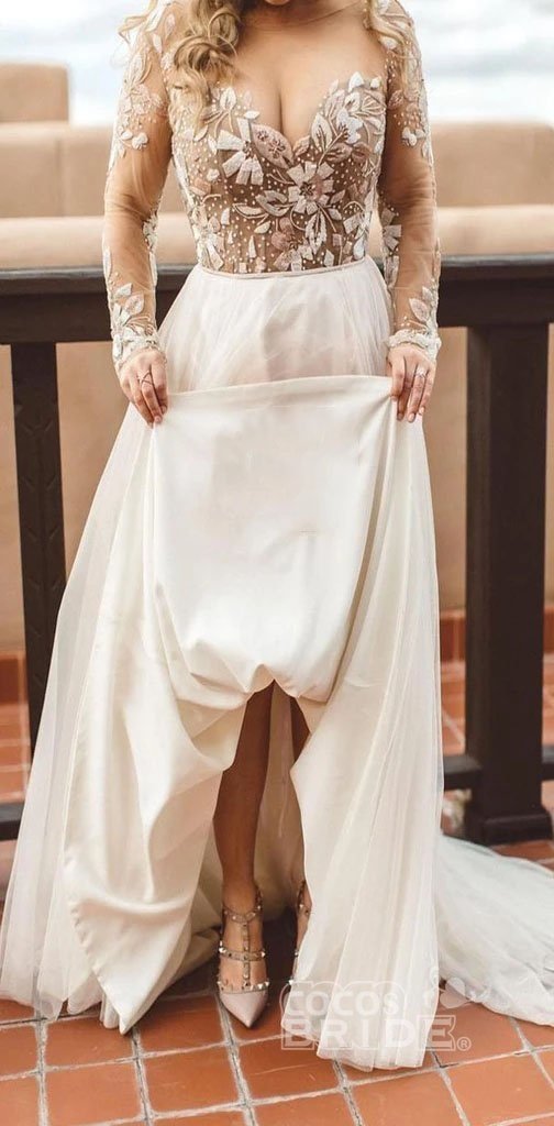 Charming A-line Sweetheart Chiffon Beading Long Sleeves Wedding Dress