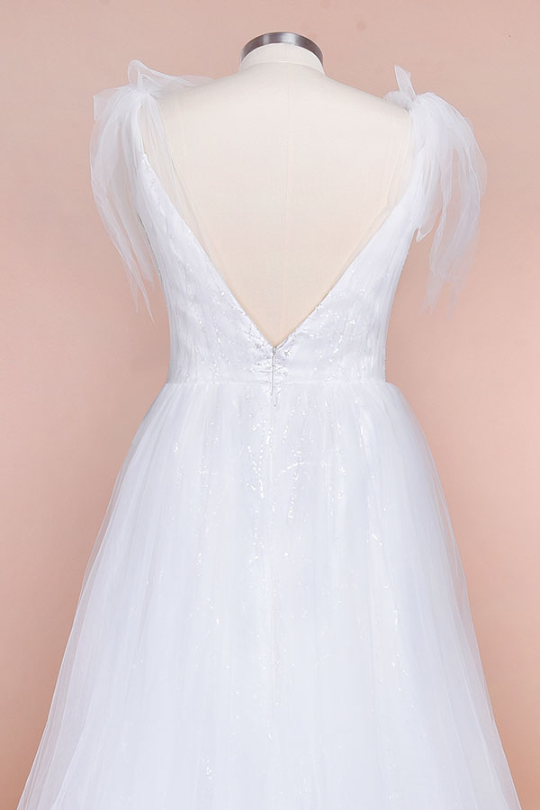 Plus Size Long V-neck Appliques Tulle A-line White Wedding Dress