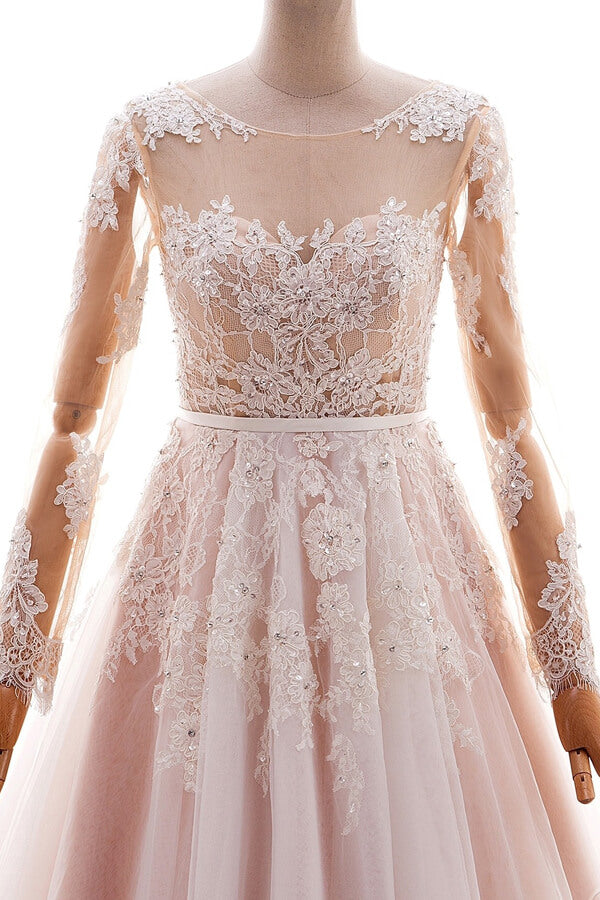 Long Appliques Lace Tulle A-line Wedding Dress with Sleeves