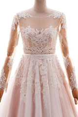 Long Appliques Lace Tulle A-line Wedding Dress with Sleeves