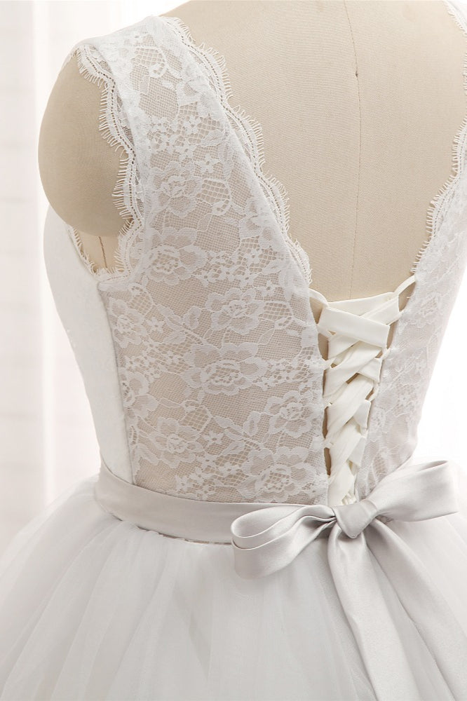 Elegant White Long A-line Jewel Tulle Lace Wedding Dress