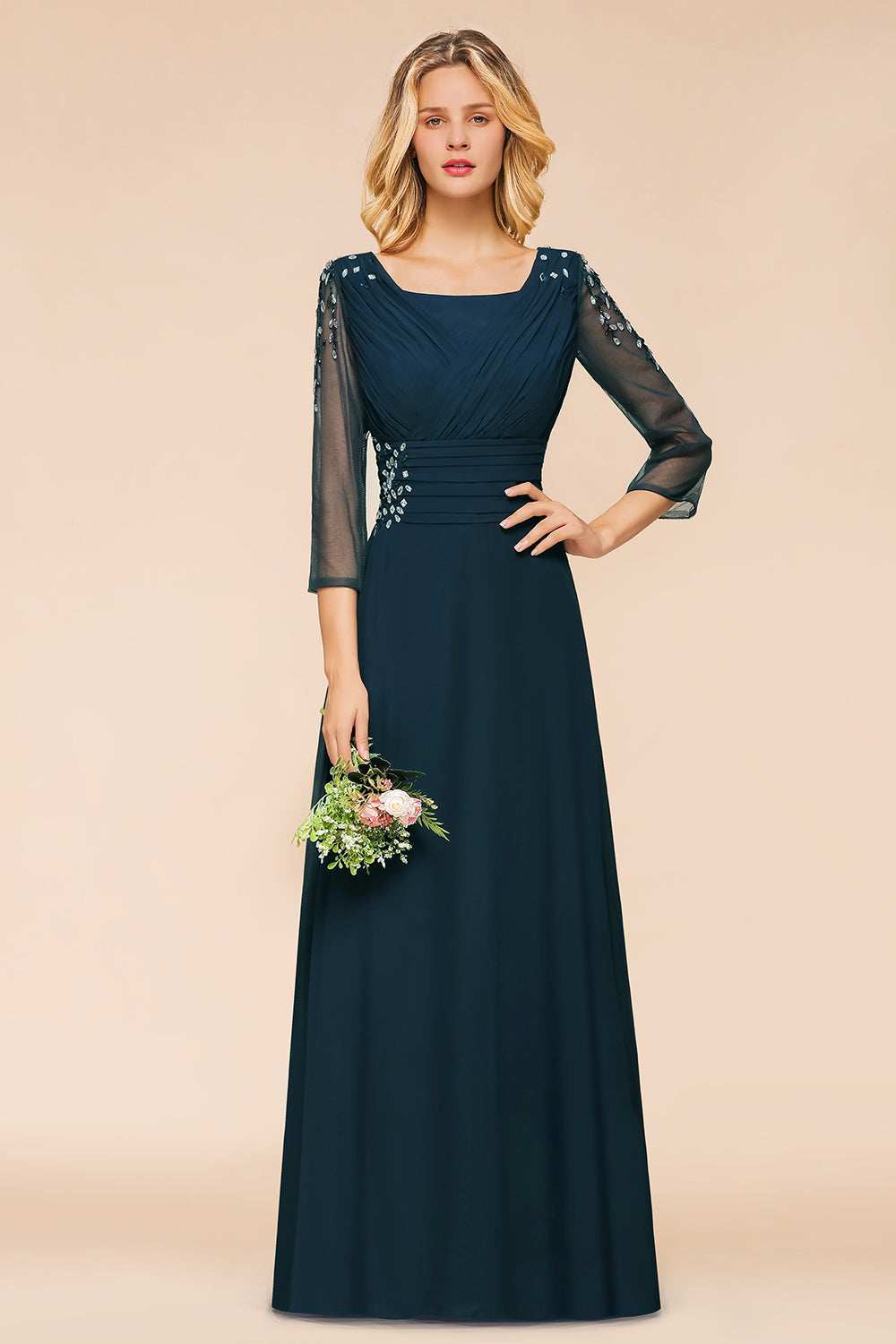 Vintage Long Sleeve Bateau A-line Chiffon Bridesmaid Dress With Crystal Embellishment
