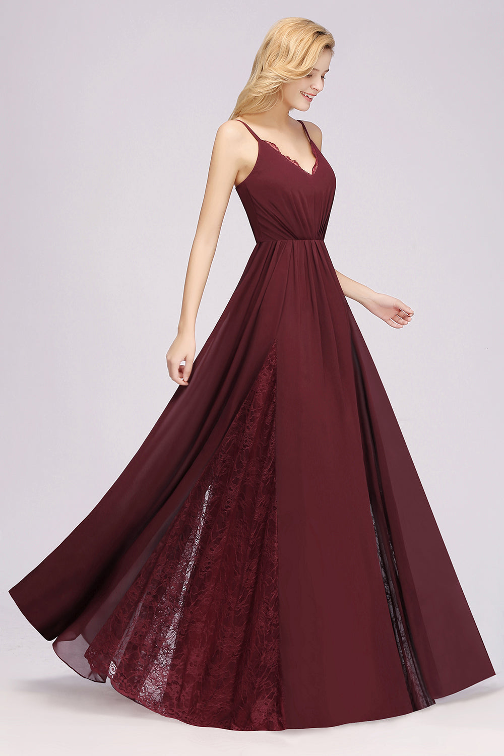 A-Line Chiffon V-Neck Spaghetti Straps Long Bridesmaid Dress