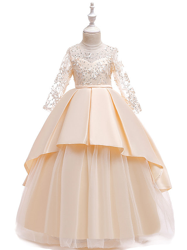 Long Ball Gown Satin Tulle Flower Girl Dresses with Sleeves